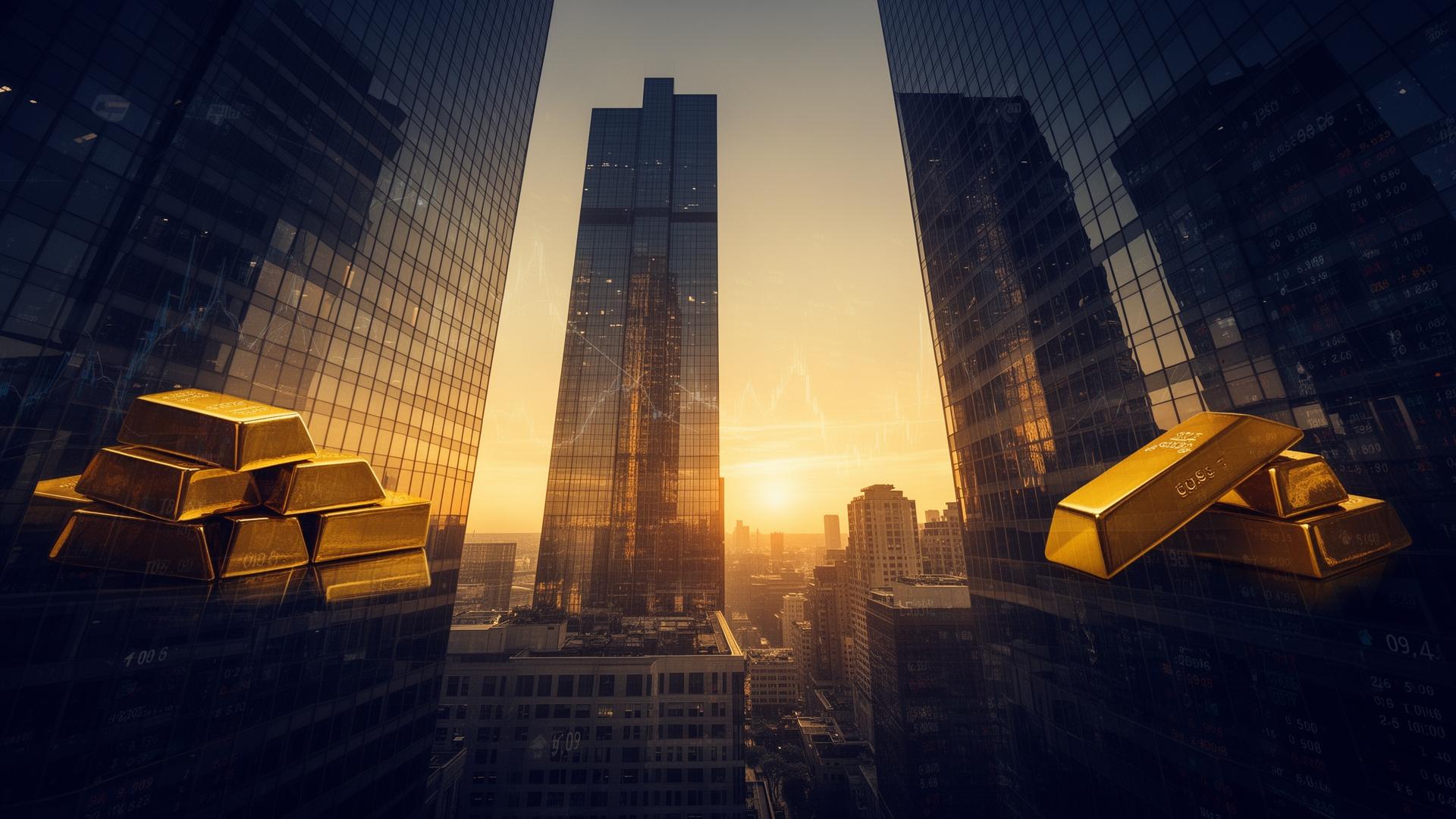 Modern financial district at golden hour with gold bullion and trading data